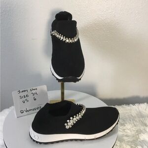 Jimmy Choo Black Knit Slip-On Sneakers with Crystal Chain